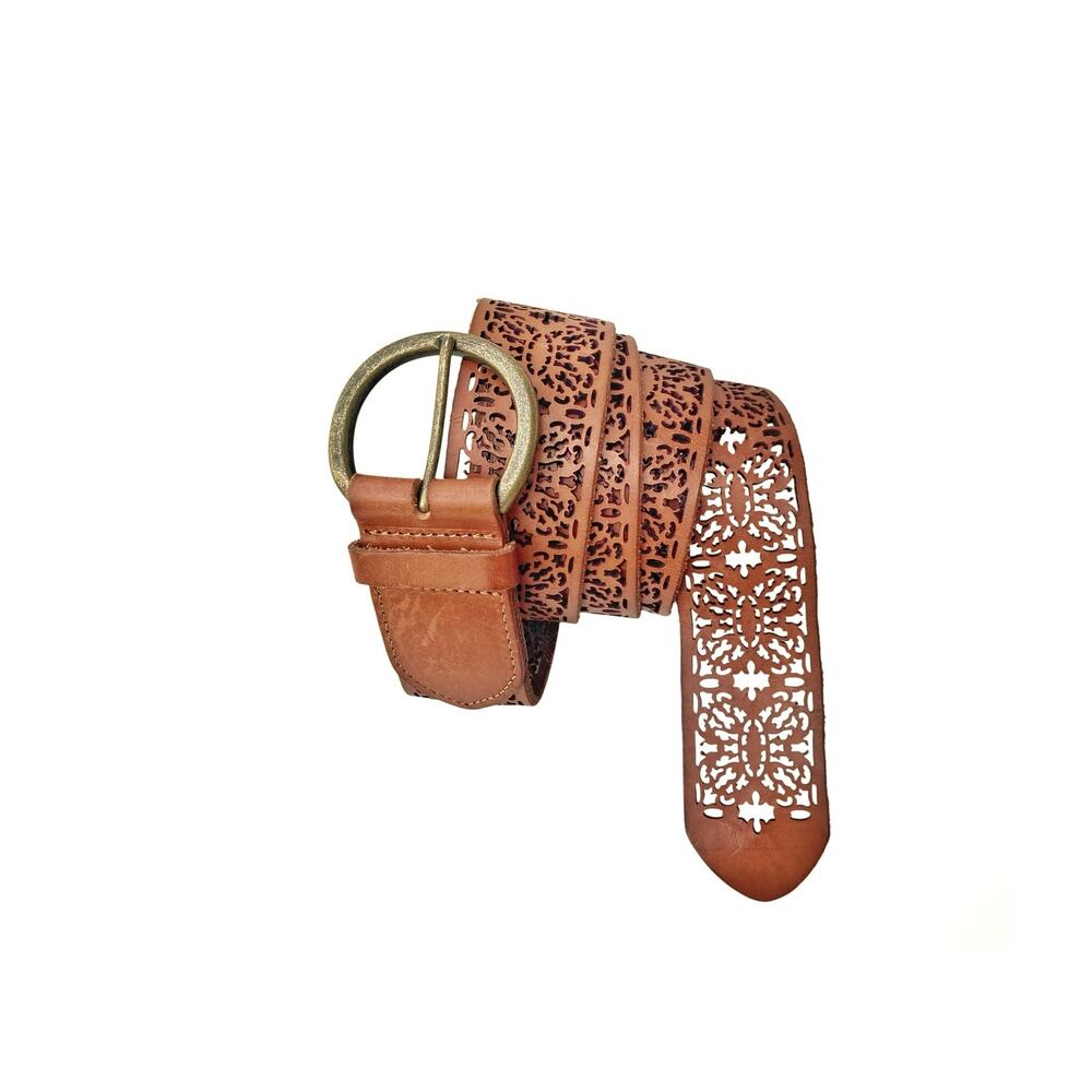 J.Jill Cognac Laser Cut Leather Belt XL Summer Boho Western Brass Buckle NWOT